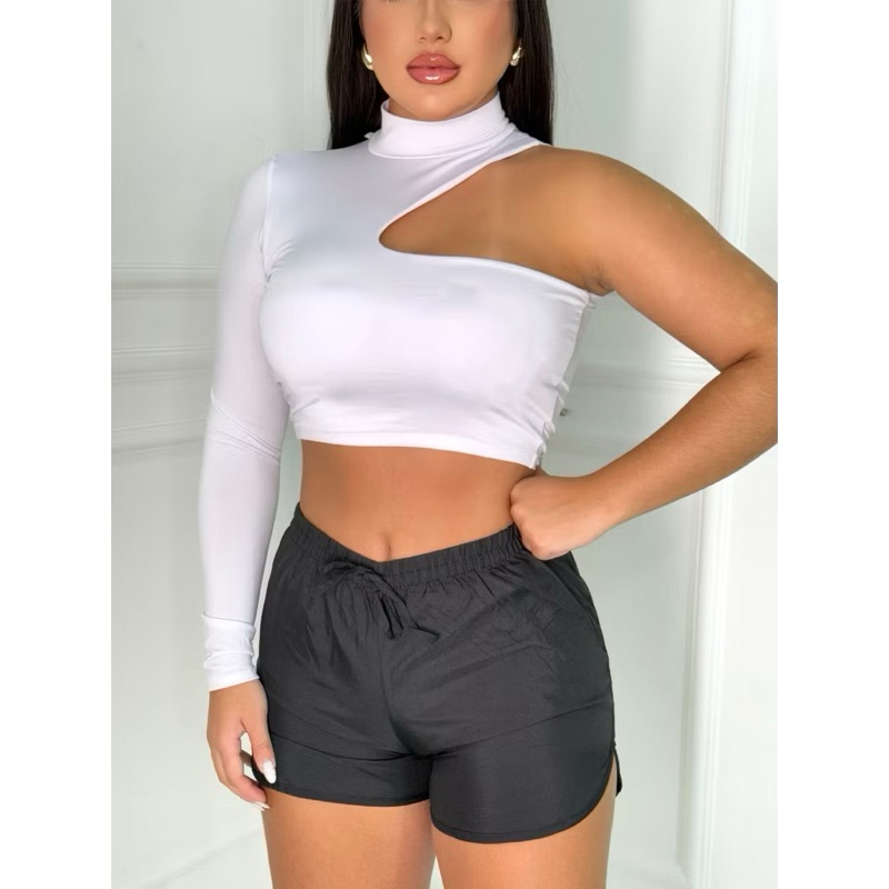 cropped ombro único detalhe lançamento verão manga longa em Oferta na Shopee