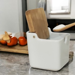 Saleiro Porcelana Branco 250g com Colher Bambu Tampa Pinus Mesa Cozinha Elegante Poucas Unidades em Oferta na Shopee