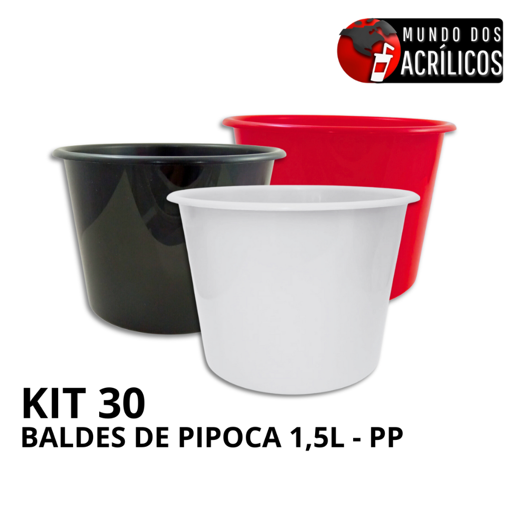 KIT 30 BALDES DE PIPOCA 1,5L PP PARA PERSONALIZAR ADESIVAR FESTA