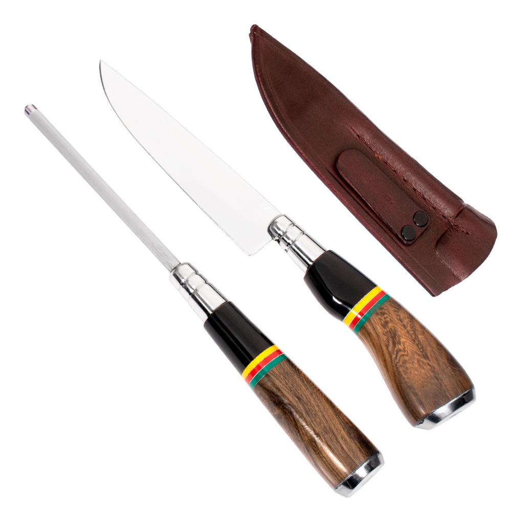 Kit Artesanal Faca De Inox 05 Polegadas Com Cabo De Chifre E Madeira E Chaira De Inox Com Bainha De Couro Para Cozinha