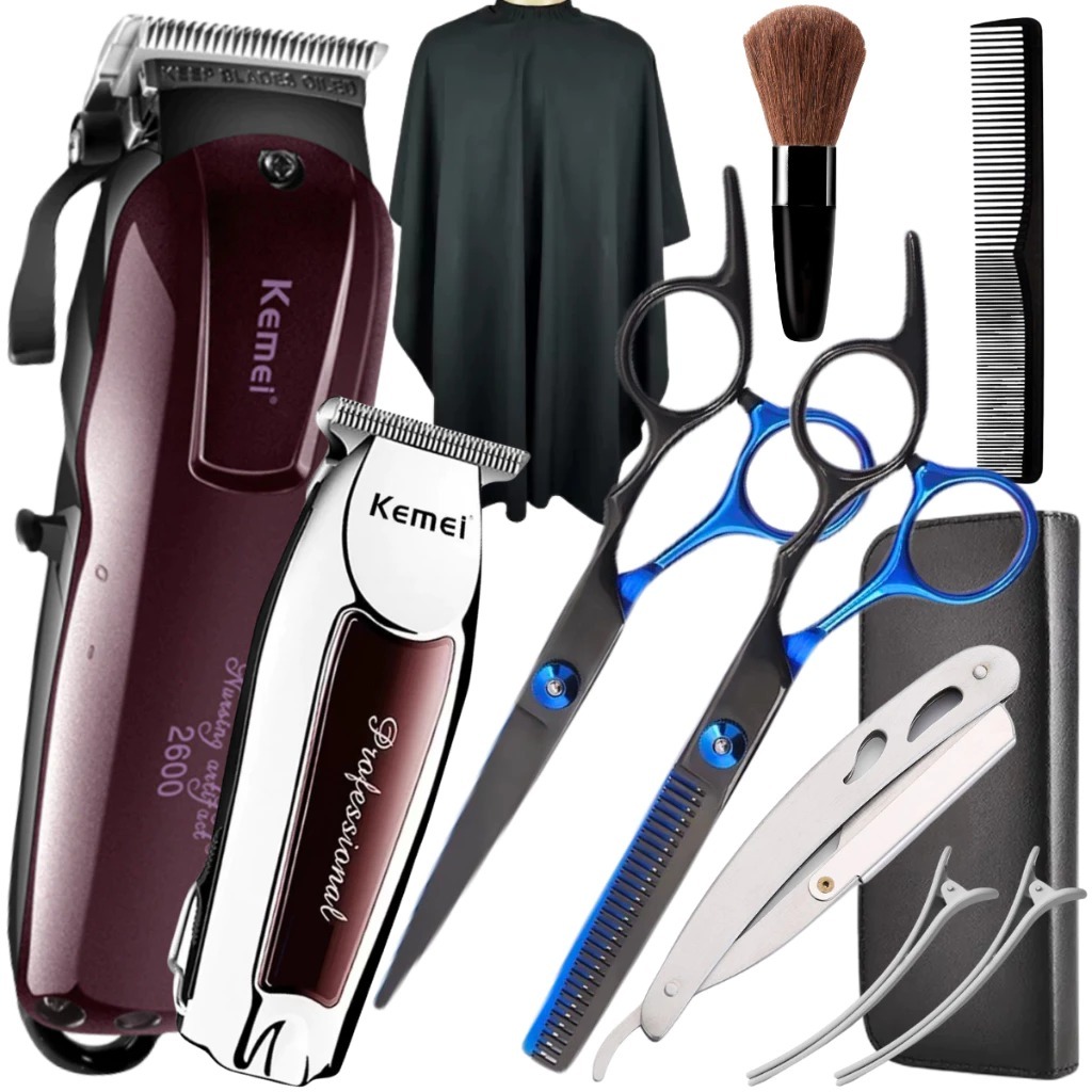 Kit Máquina De Cortar Cabelo Tesoura Barbeiro Maquina de Corte Cabelo Km2600 Maquina Acabamento Kemei KM9163 Kit Tesoura