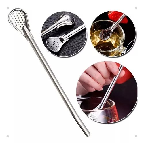 Kit De Canudo Longo Com Colher Filtro Em Aço Inox 304 Para Chá De Madai Camomila Pura Tereré