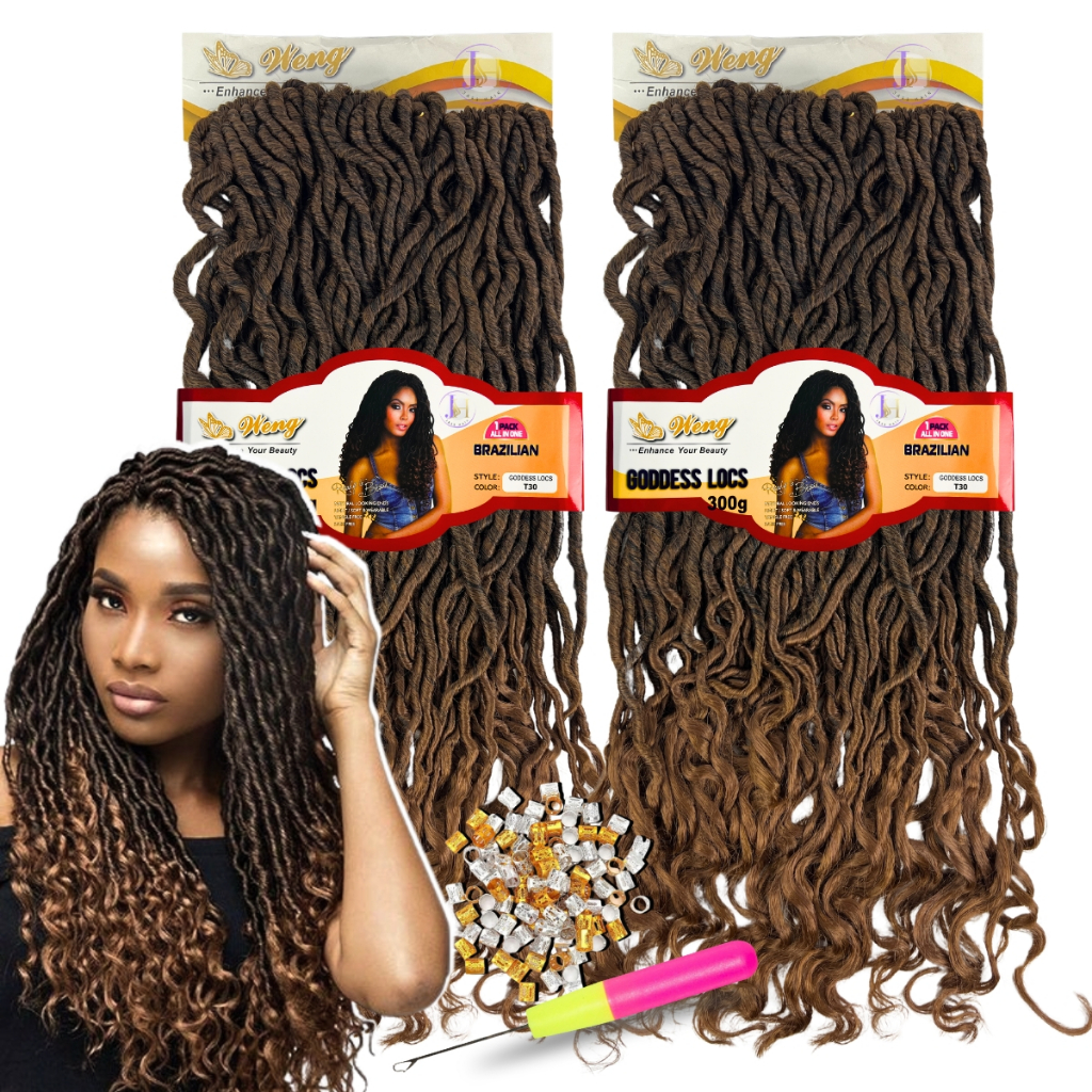 Kit 2 Cabelo Goddess Faux Locs Weng Fibra Orgânica Crochet braids + Agulha e Anéis