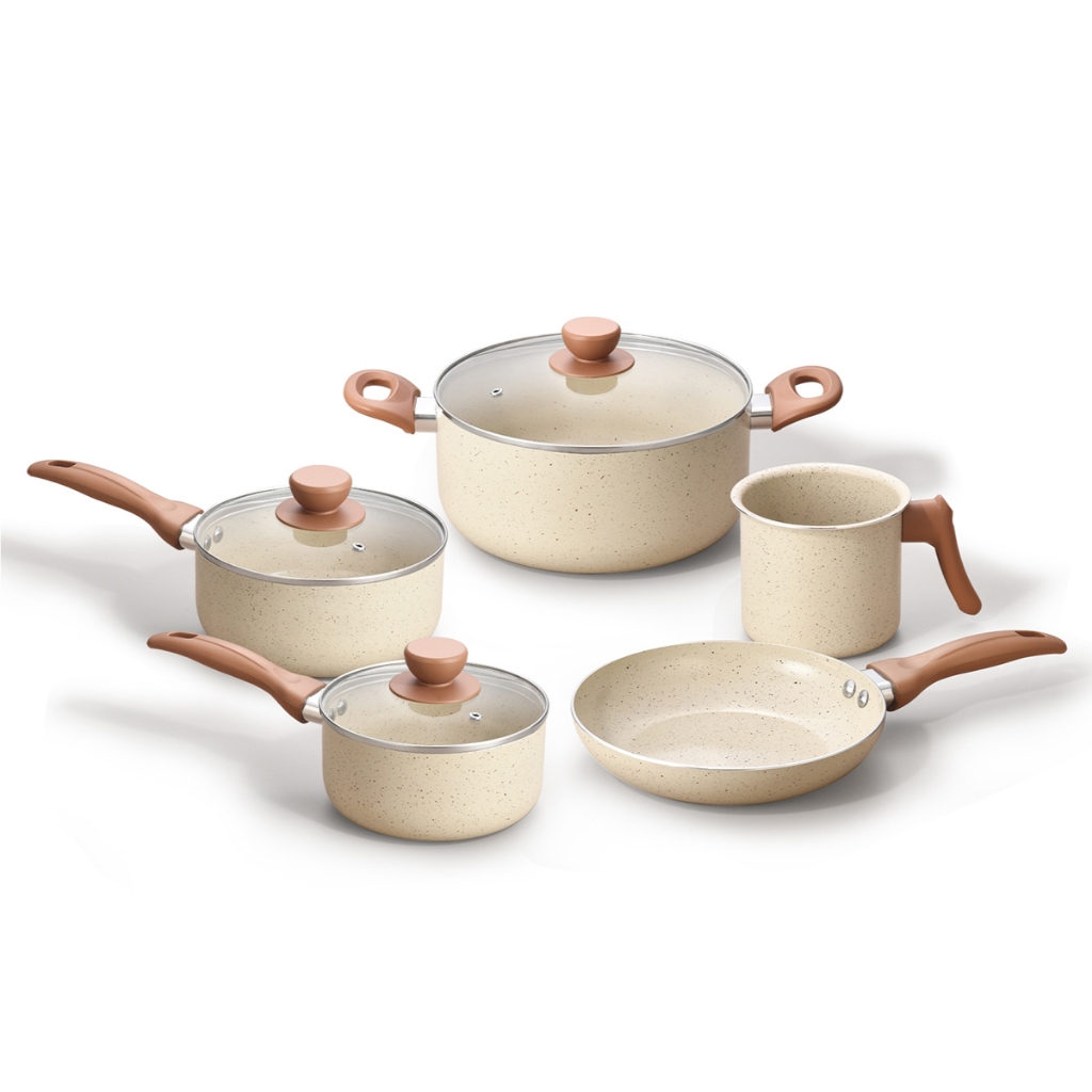 jogo 5 panelas antiaderentes de ceramica e aluminio bege - Oikos - Home & Living