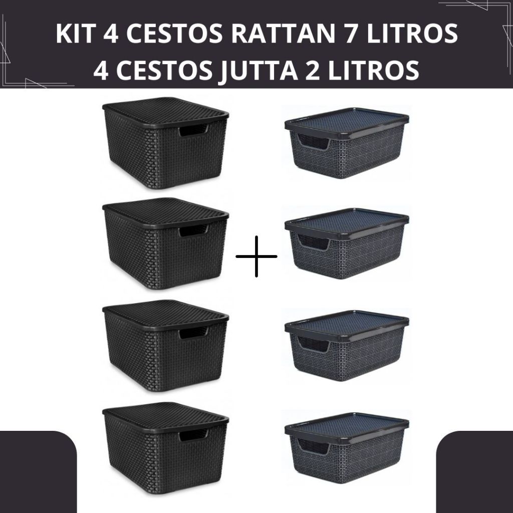 Kit Organização 4 Cestos Rattan Preto 7 Litros + 4 Cestos Jutta Preto 2 Litros - Com Tampa
