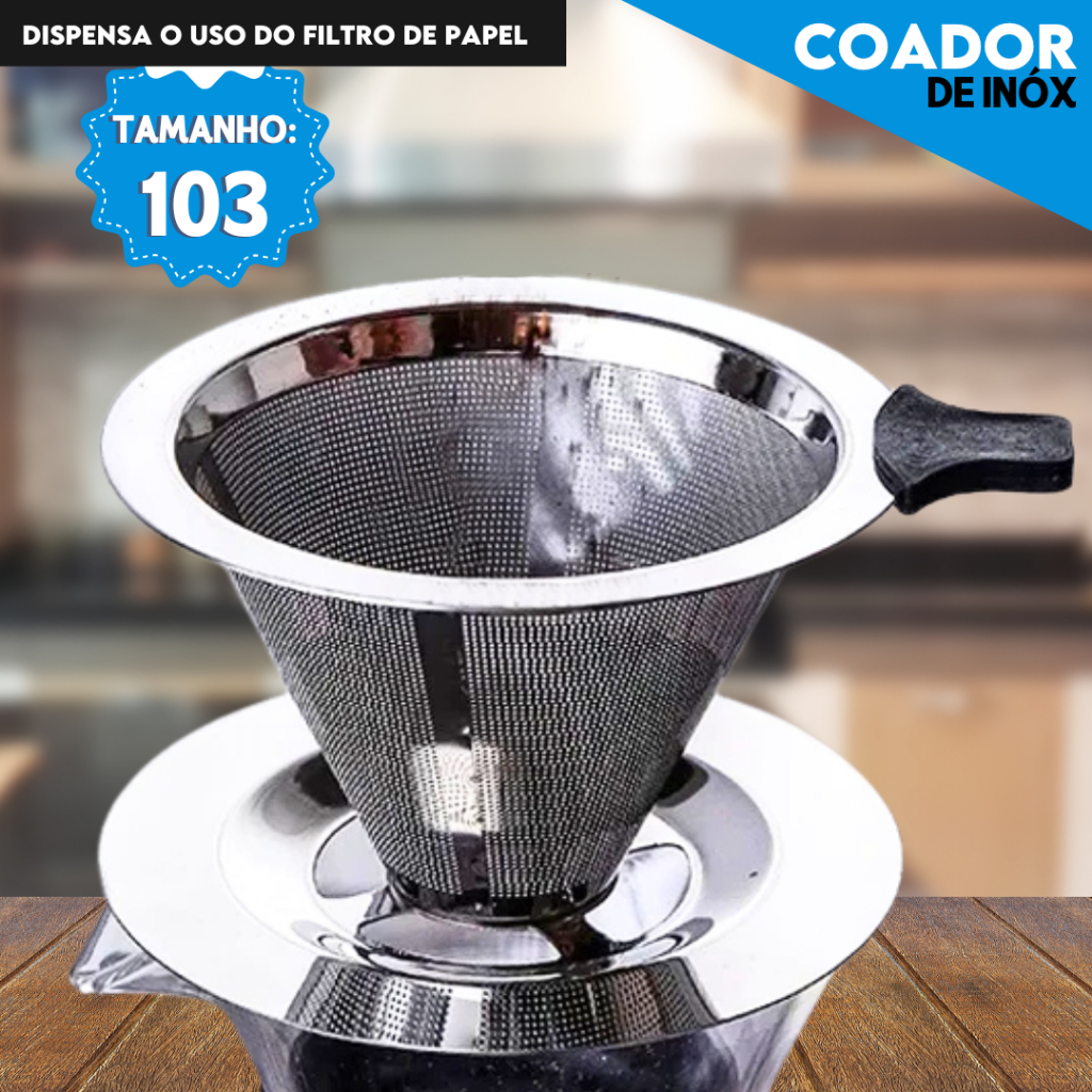 Filtro Coador De Café Inox 103 - Com Pegador em Silicone - Peneira Aço Reutilizável  - BNV...