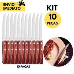 Kit 10 Facas de Mesa Inox Cabo em Madeira Ponta Fina Jogo p/ Casa Restaurantes Churrascaria Cozinha