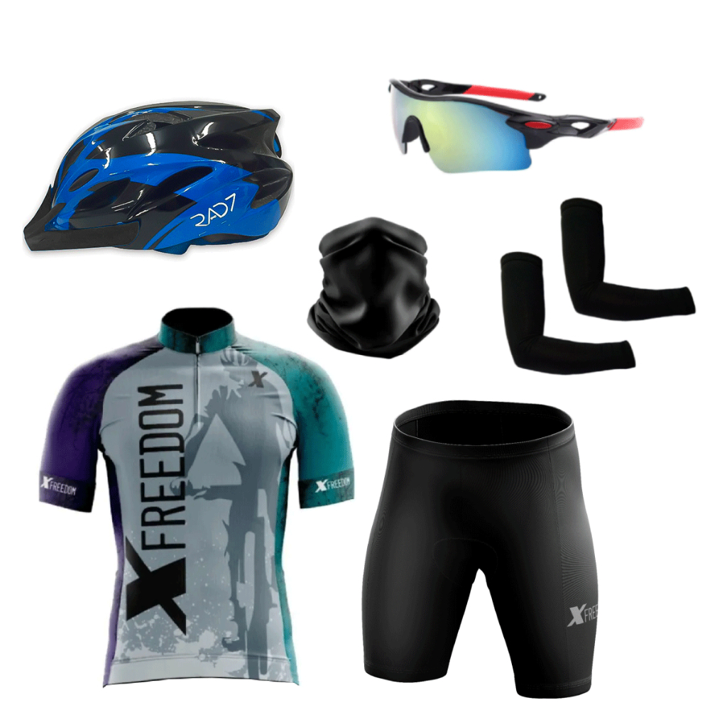 Kit Ciclismo Conjunto Camisa Bermuda + Capacete Ciclismo Led + Óculos de Proteção + Manguito+Bandana em Oferta na Shopee
