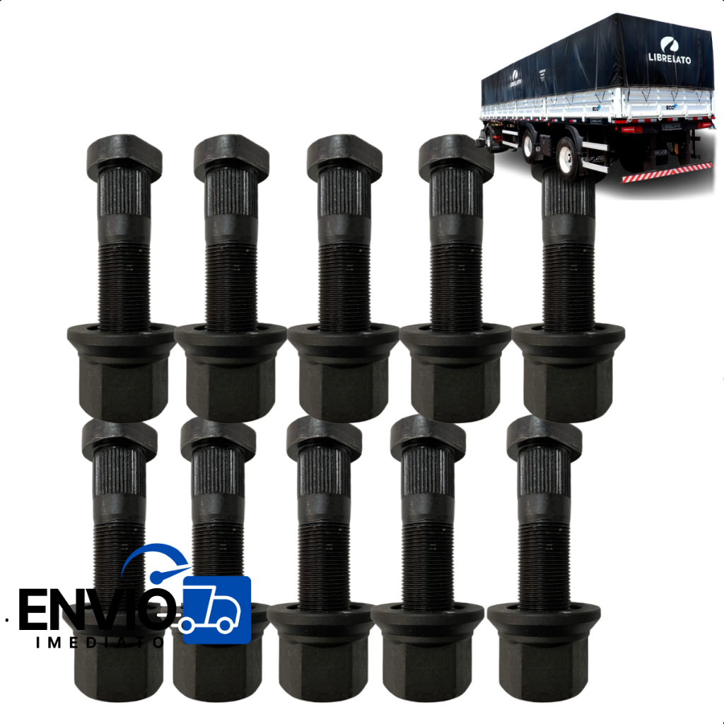 Conjunto  10 Parafusos Roda Fey 22 X 96mm Com Porca Ch32 Oscilante Para Carretas Guerra Randon Noma
