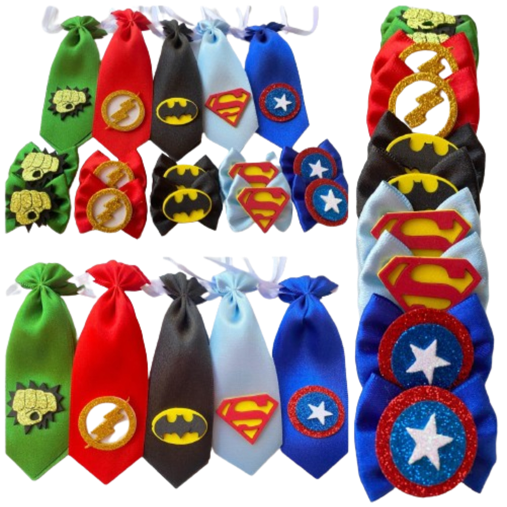 Laços 10 uni + Gravatas Pet 10 uni - HEROIS - Tamanho M