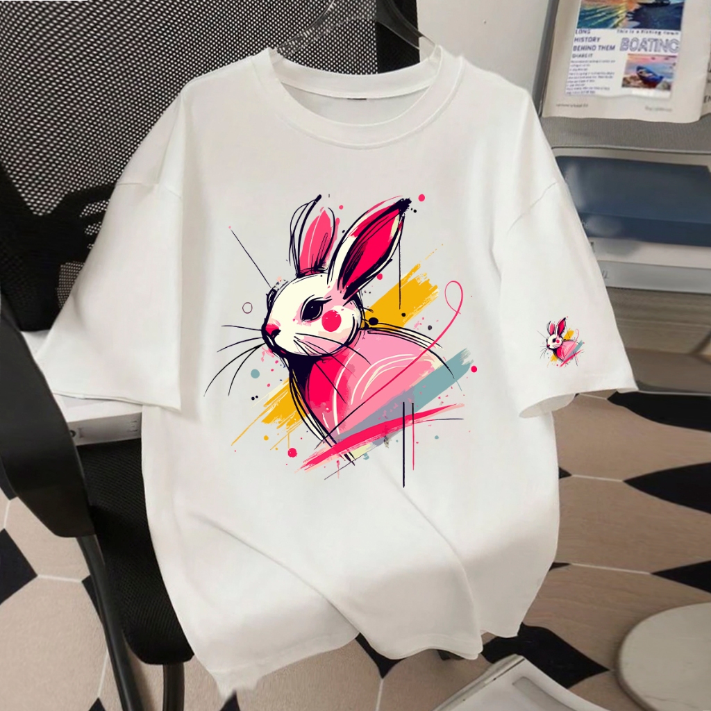 Camiseta Oversized Camisetão de luxo Larga Feminina Fofa Estampa Coelho Confortável Algodão Feminino