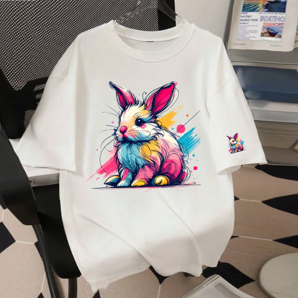 Camiseta Oversized Camisetão de luxo Larga Feminina Estampada Coelho Confortável Algodão Feminino