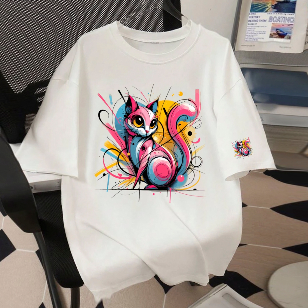 Camiseta Oversized Camisetão de luxo Larga Feminina Cat Estampada Gato Confortável Algodão Feminino