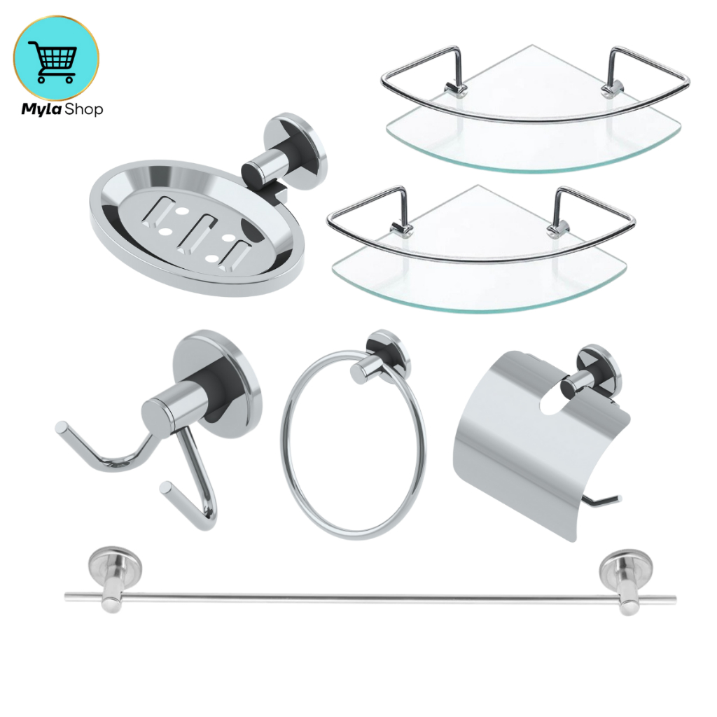 Kit Acessórios Para Banheiro 5 Peças + 2 Porta Shampoo Canto De Vidro 6 mm
