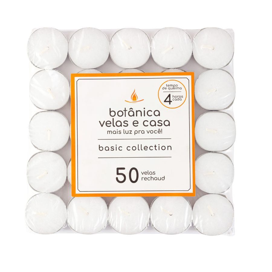 50 Velas Rechaud Brancas Em Suporte Alumínio - 4hrs Queima