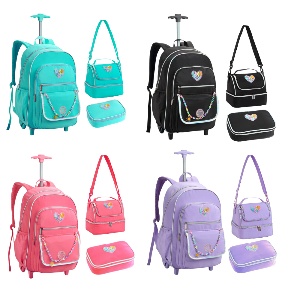 Kit Mochila Rodinha Infantil Juvenil  Com Lancheira E Estojo Box Marca Denlex Love
