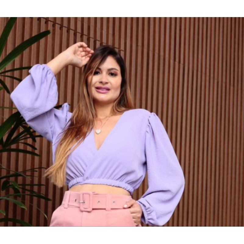 Blusa Cropped  Manga Longa Decote V Moda Tendencia em Oferta na Shopee