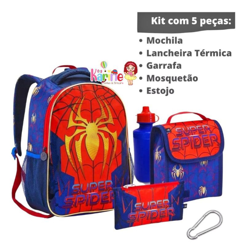 Kit Mochila Infantil Meninos Spider Aranha Garrafa Lancheira/ Mochila homem aranha/Mochila de costas/homem aranha denlex