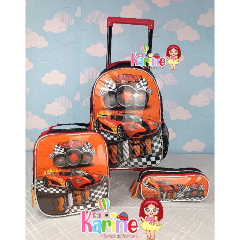 KIT MOCHILA ESCOLAR INFANTIL CARROS COM RODINHAS/ MOCHILA LANCHEIRA TÉRMICA ESTOJO/ MOCHILA MENINO/MOCHILA CARROS DENLEX