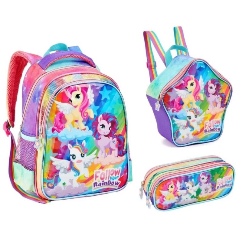 Kit Mochila de costas Lancheira Térmica e Estojo Escolar Infantil Unicórnio Grande e Pequena/ Mochila Unicórnio denlex