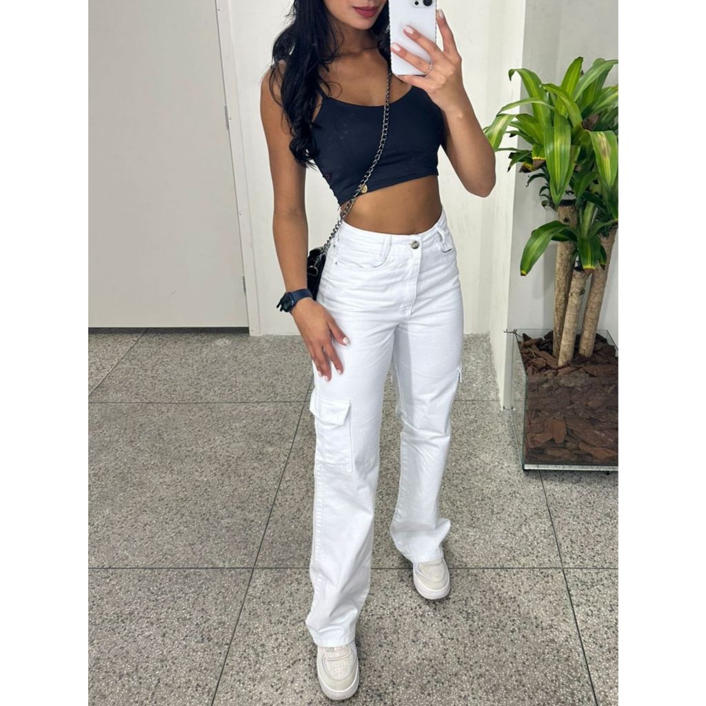 Calça jeans Wide leg Cargo com bolso Branca nivel em Oferta na Shopee