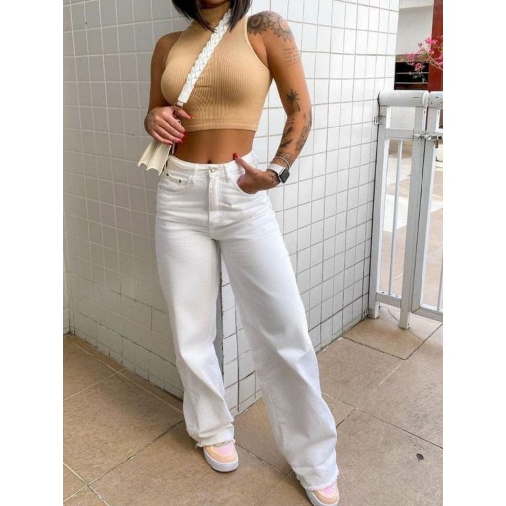 Calça jeans Wide leg Branca nivel em Oferta na Shopee
