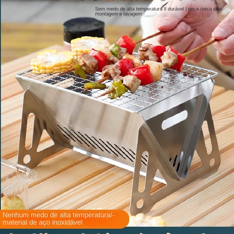 Grelha dobrável para acampamento ao ar livre grelha de aço inoxidável fogão a carvão portátil em Oferta na Shopee