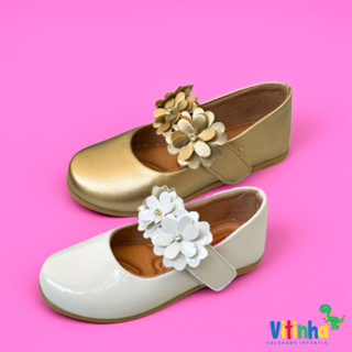 Sapatilha Infantil Feminina Menina Moda Barato Brancoe Dourado de Flores em Oferta na Shopee