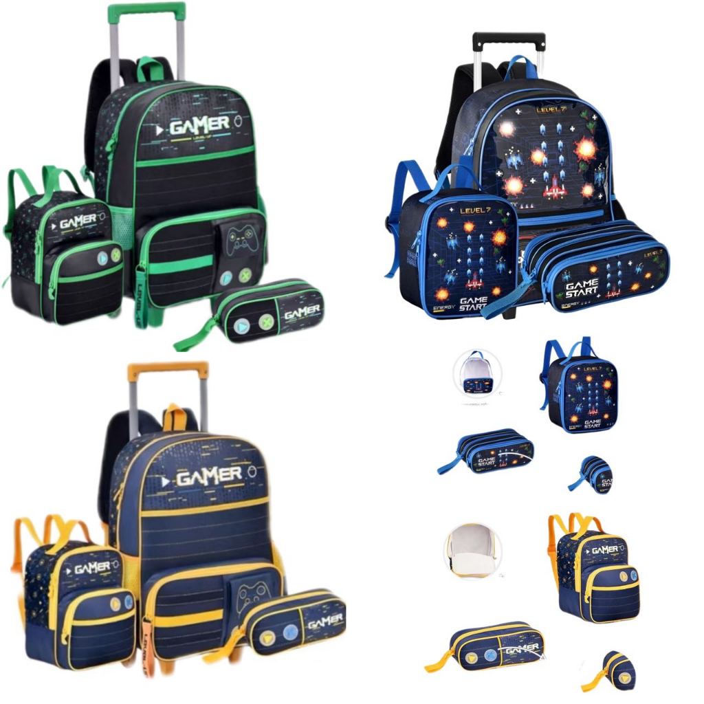 Kit Gamer Mochila de Rodinhas Lancheira e Estojo Video Game Escolar Infantil para Menino