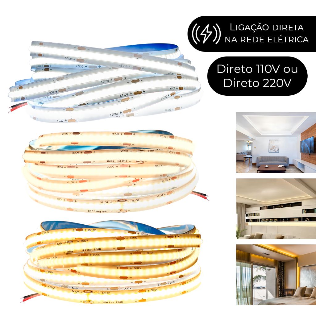 Fita Led Direta Cob Rolo 10 Metros Não Usa Fonte 110v/220v