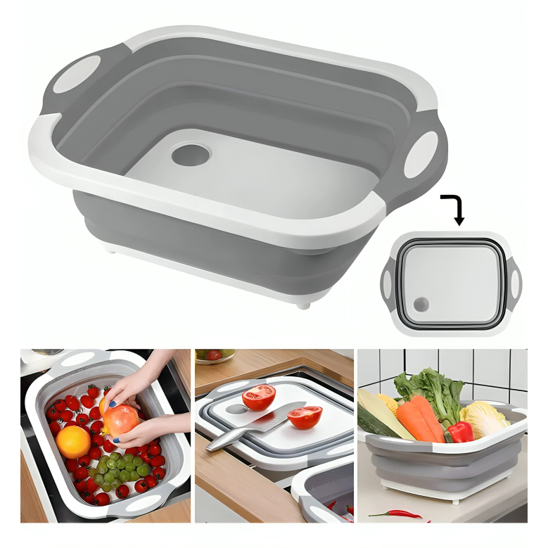 Tábua 3 Em 1 Escorredor Bacia Cesta Dobrável Retrátil Silicone Multifuncional Cozinha Tábua de Carne Escorredor Cesto
