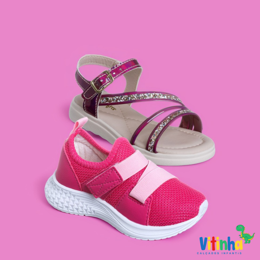Kit 2 Pares Sandália Papete e Tênis Infantil Feminina Menina Bebe Sapato Boneca Festa Metalizado