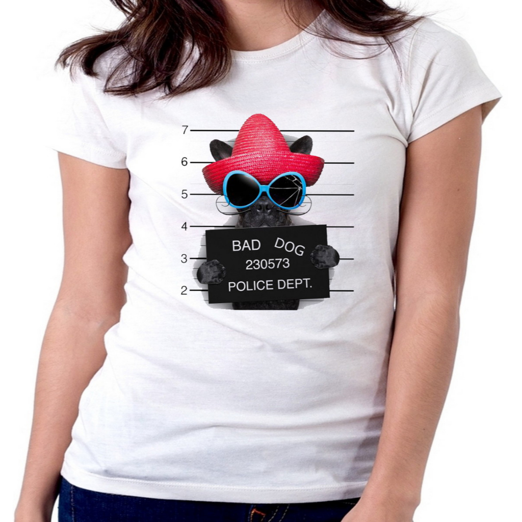 Blusa femina baby look camiseta Bad Dog Police Dept Cachorro