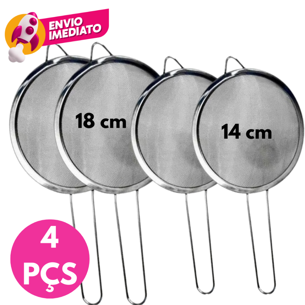 Kit 04 Un Peneira Aço Inox Utensílio Para Cozinha Polvilhar Coador Tamanhos  2x14 + 2x18