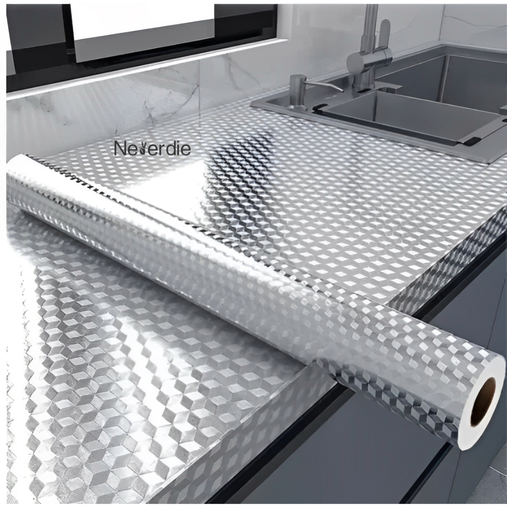 Imagem Papel de parede 3D alumínio adesivo impermeável anti óleo para armário Cozinha e protetor de fogão Brilhante