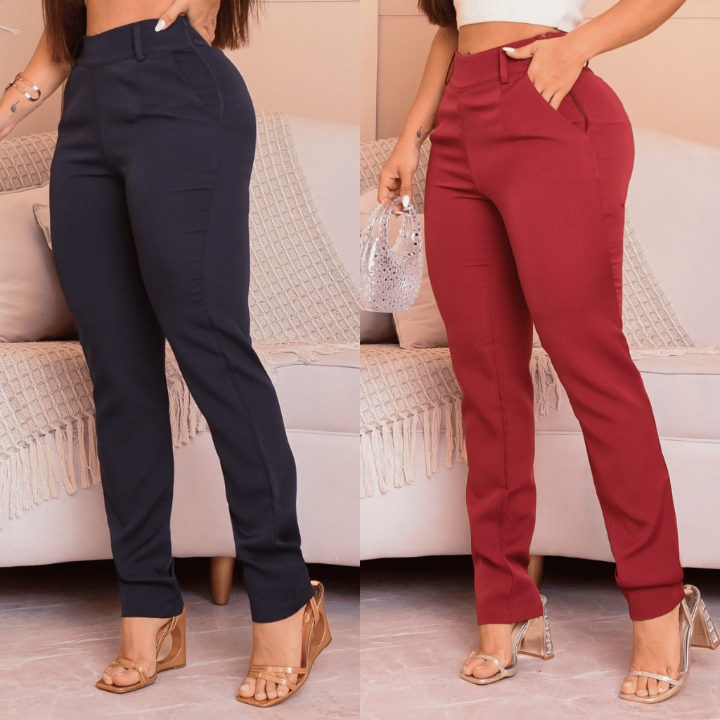 Calça Feminina Alfaiataria Social Zíper Lateral Skinny Cintura Alta Elegante Várias Cores ...