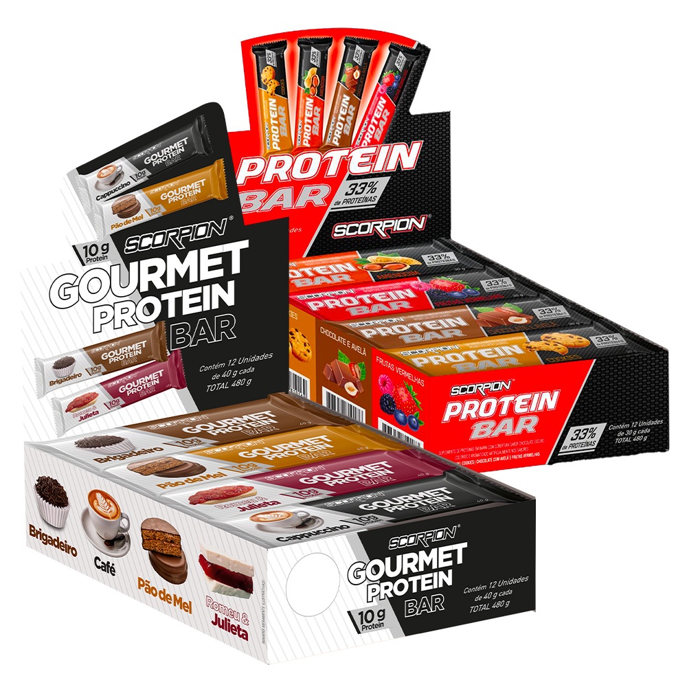 kit Barra de Proteina Gourmet Protein 40g + Scorpion Protein Bar 30g Bradal Nutri em Oferta na Shopee
