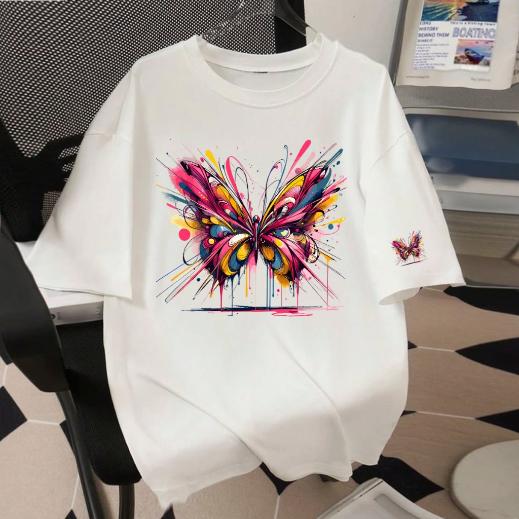 Camiseta Oversized ou T-shirt Camisetão de luxo Larga Feminina Estampa Borboleta Confortável 100% Algodão