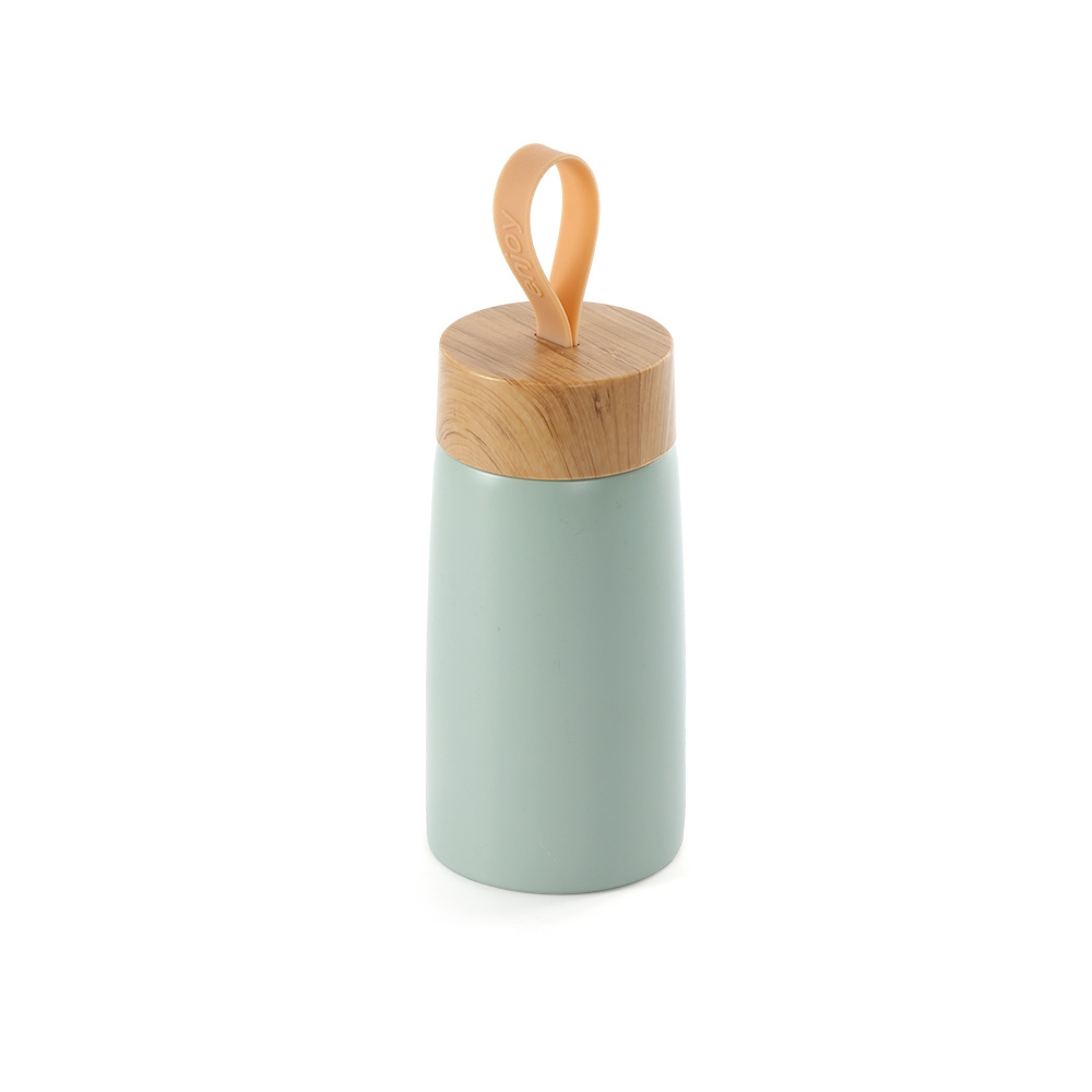 Garrafa Inox 250ml Parede Dupla Térmica Tampa De Bambu Alça P/ Transporte