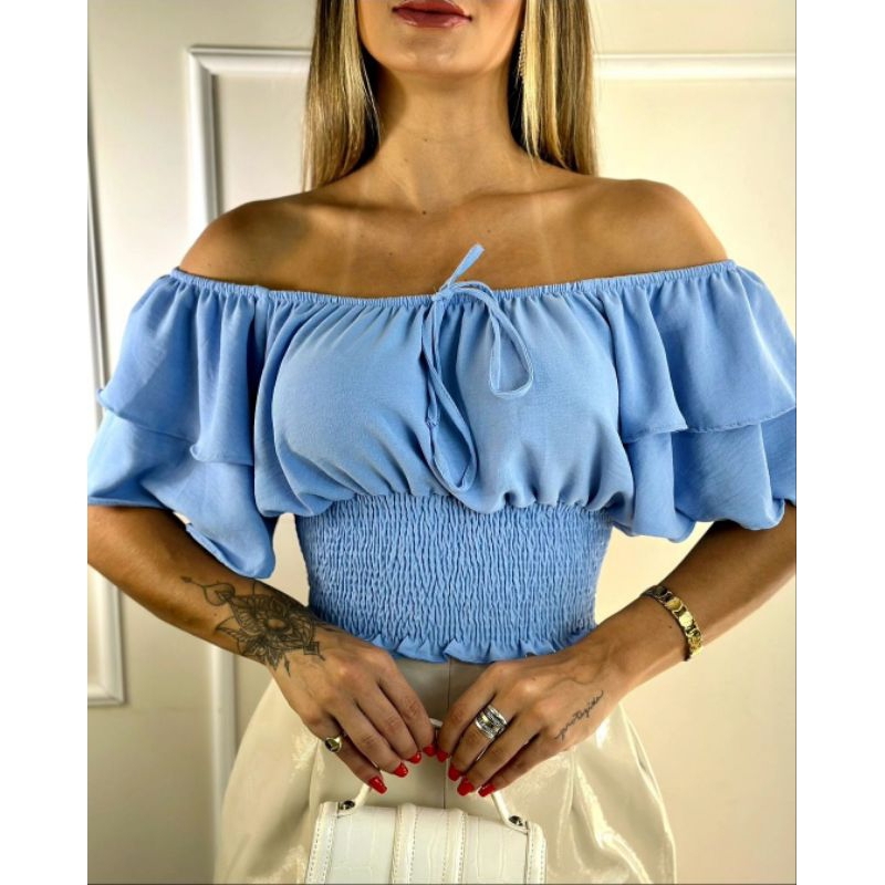 Blusinha Cropped Ombro a Ombro Femenia Manga Dupla