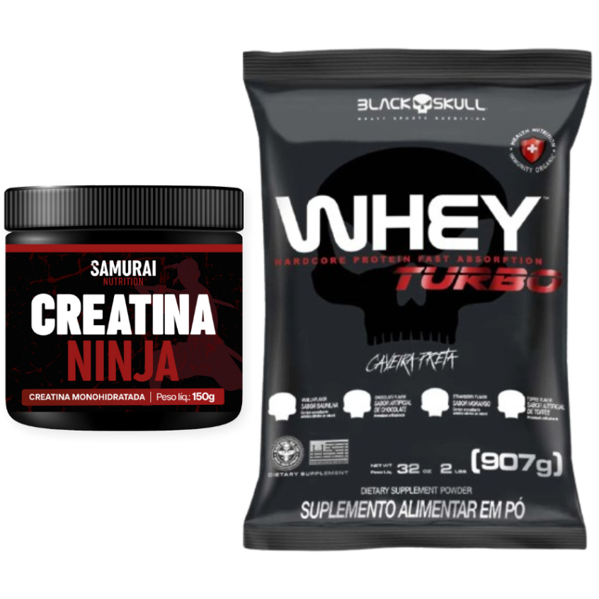Kit 1x Creatina Monohidratada Ninja - Samurai Nutrition + 1x Whey Turbo 907G - BlackSkull em Oferta na Shopee