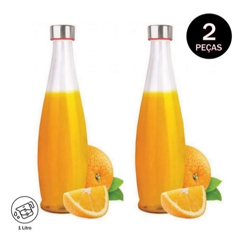 Kit Com 2 Garrafas Vidro Transparente 1 Litro P/ Geladeira Água Suco C/ Tampa Inox