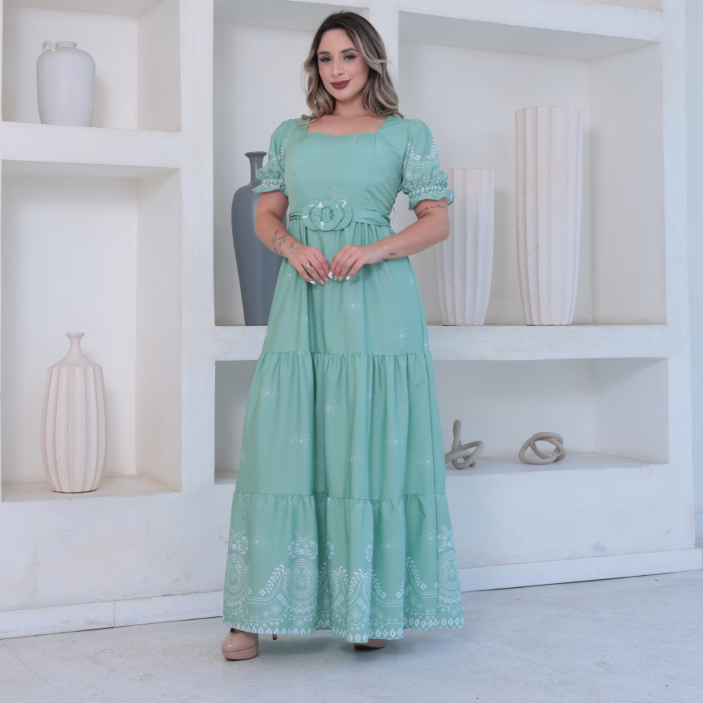 Vestido longo estampado crepinho com cinto manga curta 8162 em Oferta na Shopee