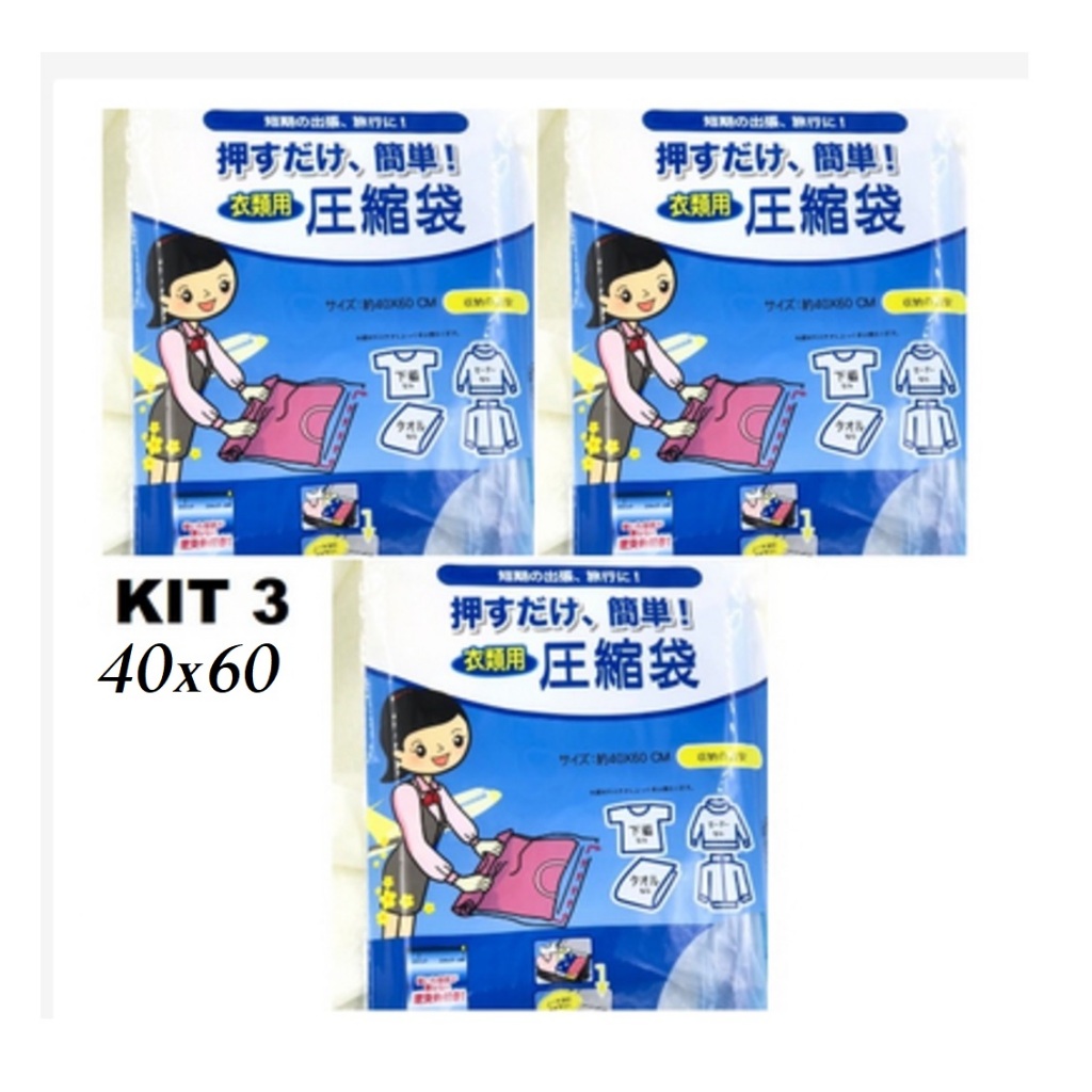 KIT 3 Saco Organizadores 40x60 Organizador À Vácuo Com Zíper Para Desinflar Para Viagem Roupa