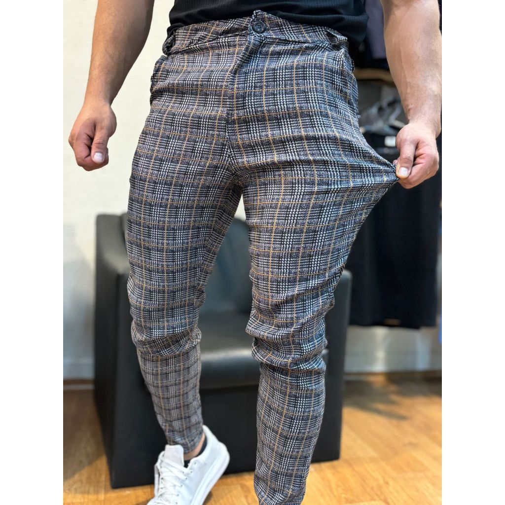 calça alfaiataria masculina bengaline xadrez exclusiva cinza