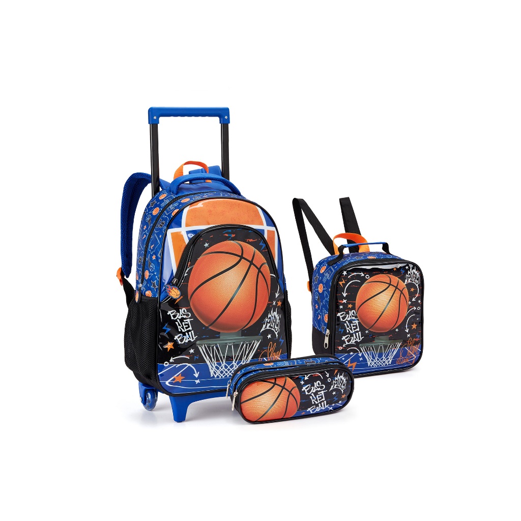 kit de mochila masculino futebol/basquete escolar lancheira estojo duplo