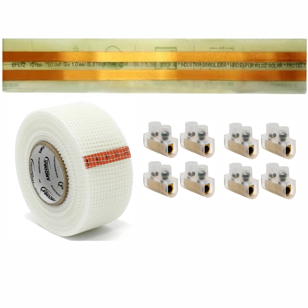 Kit Eletrofita 2 pistas 10A - 1,5 metro de Eletrofita mais 8 conectores e tela de fibra de vidro autoadesiva.