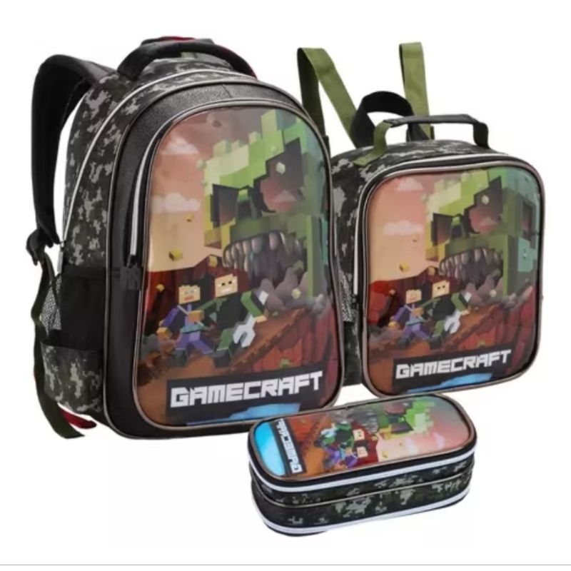 Kit Mochila Escolar infantil Masculina 17l Com Lancheira E Estojo/ Mochila Minecraft/ MOCHILA GAMECRAFT/mochila denlex