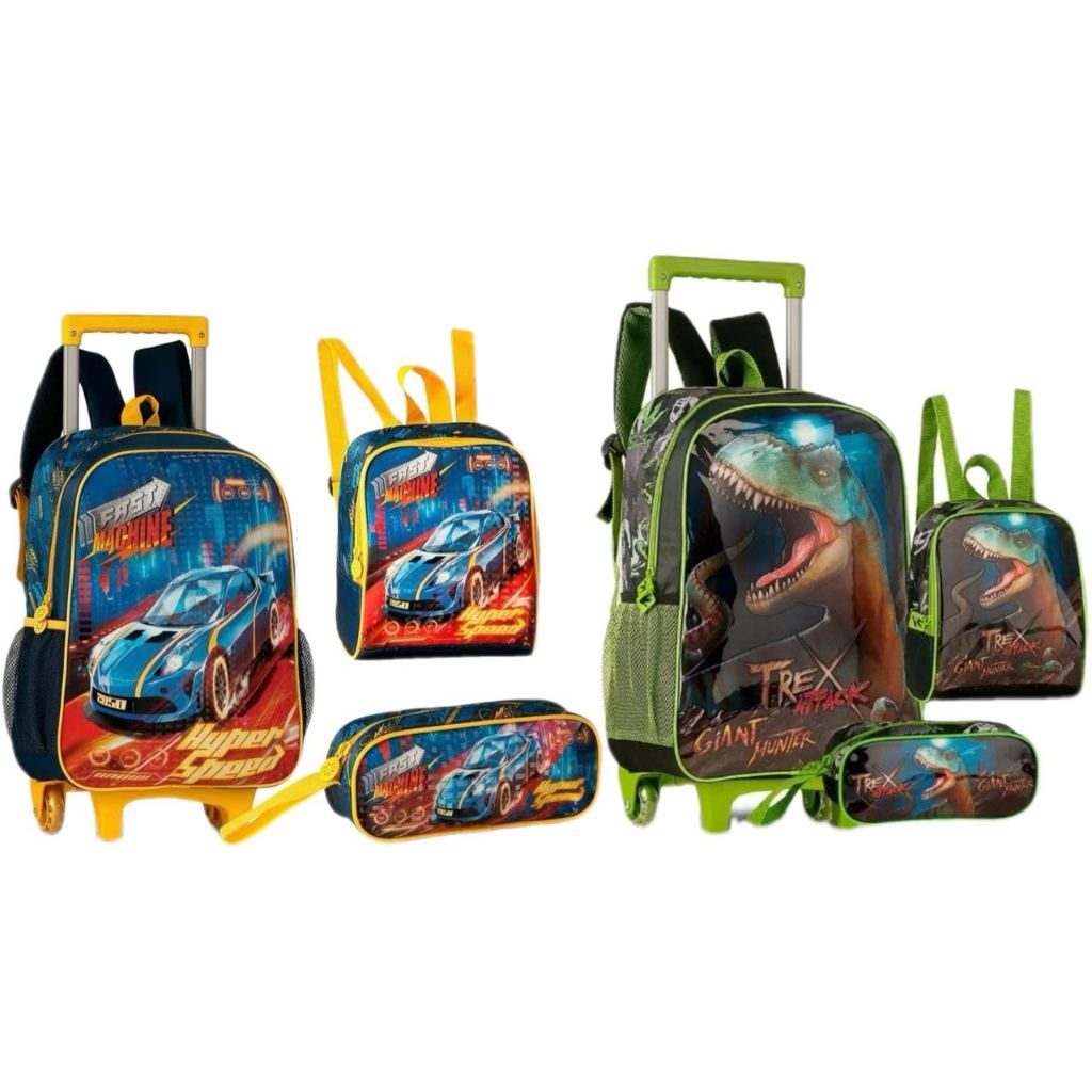 Kit Mochila Escolar com Rodinha Fast Machine e Dinossauro clio em Oferta na Shopee