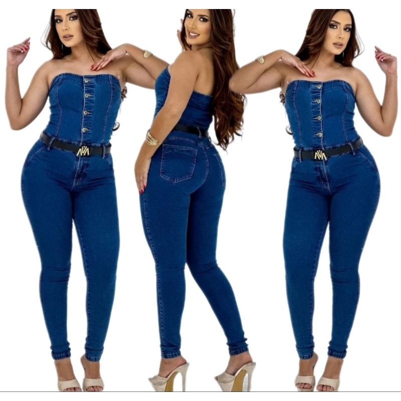Macacão Longo Jeans Feminino Tomara que Caia C/Botões Exclusivo [Tam 36]